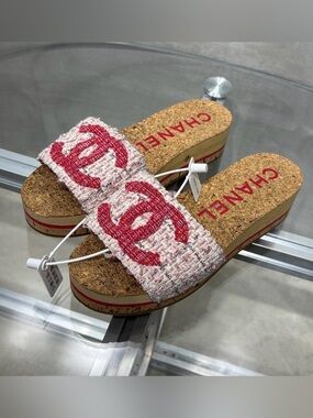 CHANEL Pink Tweed Slides with Red Logo on Cork Footbed